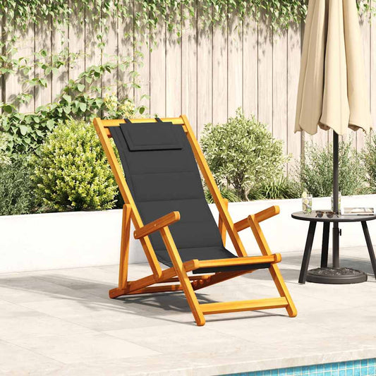 Black Acacia Folding Beach Chair with Armrests - Textilene Comfort