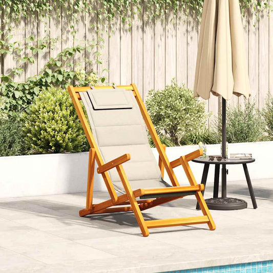 Cream Acacia Wood & Textilene Folding Beach Chair with Armrests