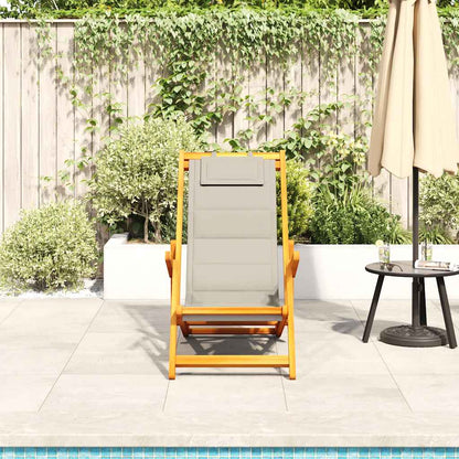 Foldable Taupe Beach Chair with Armrests - Acacia Wood & Textilene