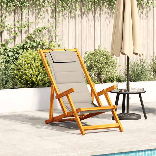 Foldable Taupe Beach Chair with Armrests - Acacia Wood & Textilene