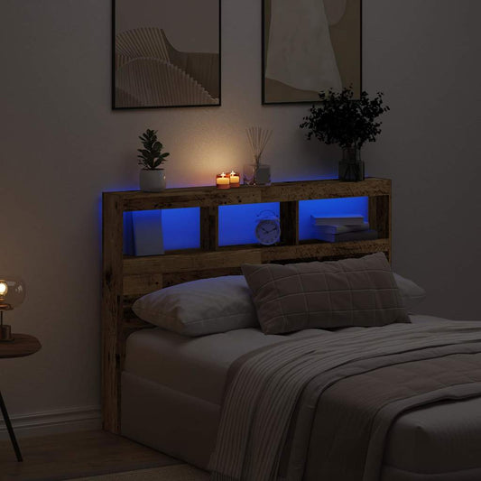 LED-Lit Headboard Cabinet, Old Wood Finish, 140x17x102 cm