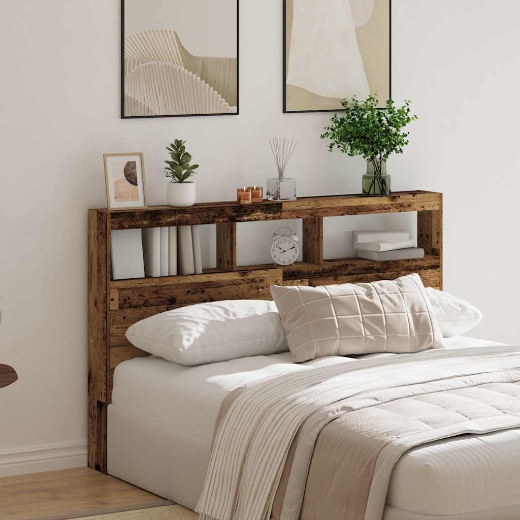 Rustic Old Wood Headboard Cabinet with LED, 160x17x102 cm
