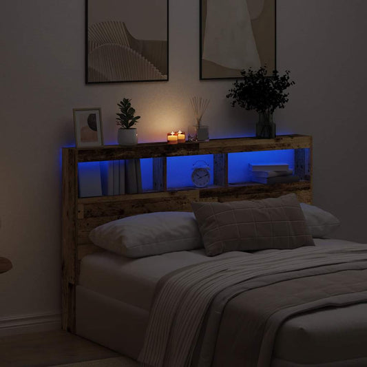 Rustic Old Wood Headboard Cabinet with LED, 160x17x102 cm