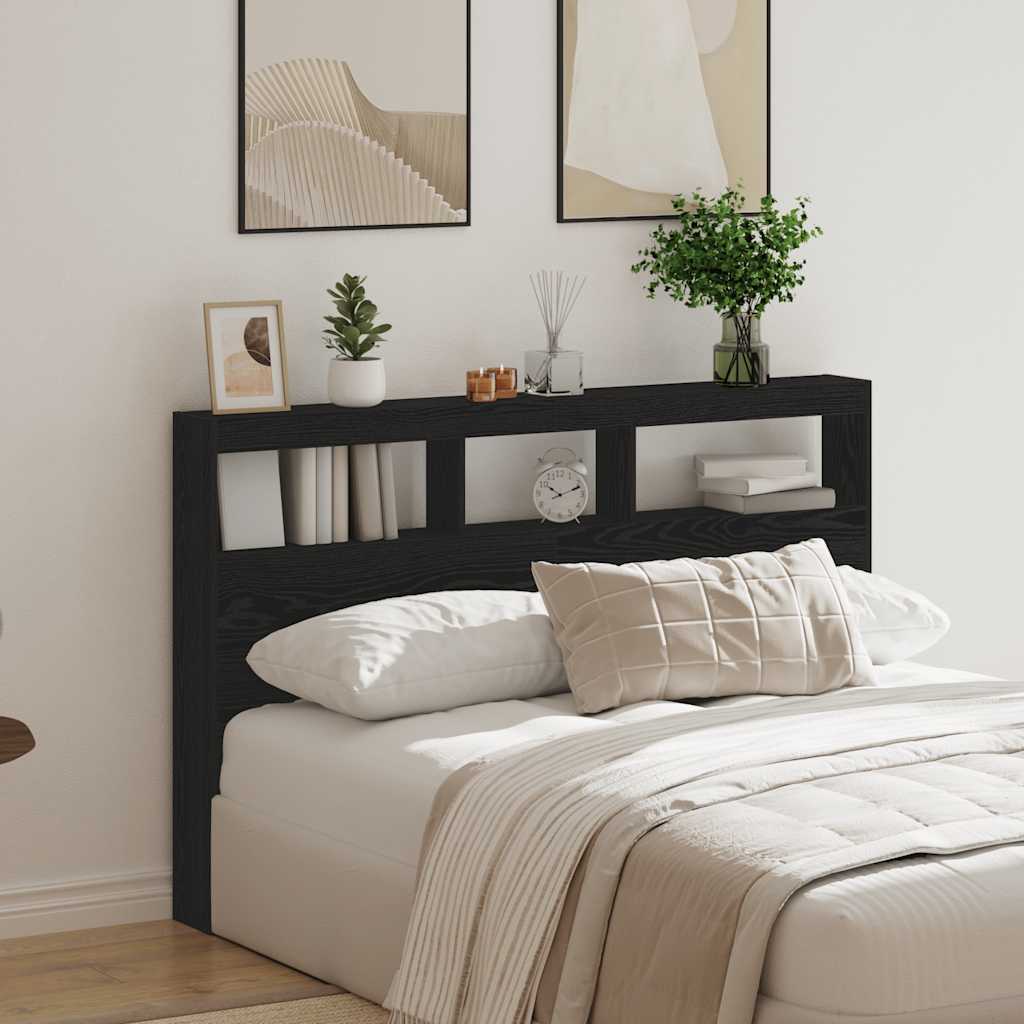 Black Oak Headboard Cabinet with LED Lights, 160x17x102 cm