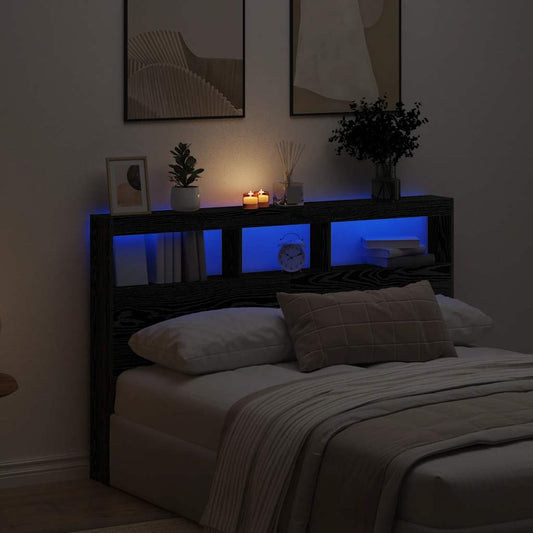 Black Oak Headboard Cabinet with LED Lights, 160x17x102 cm