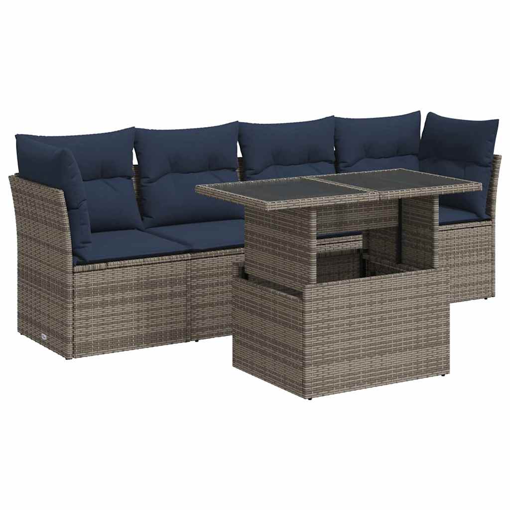 5 Piece Garden Sofa Set with Cushions Grey Poly Rattan Acacia