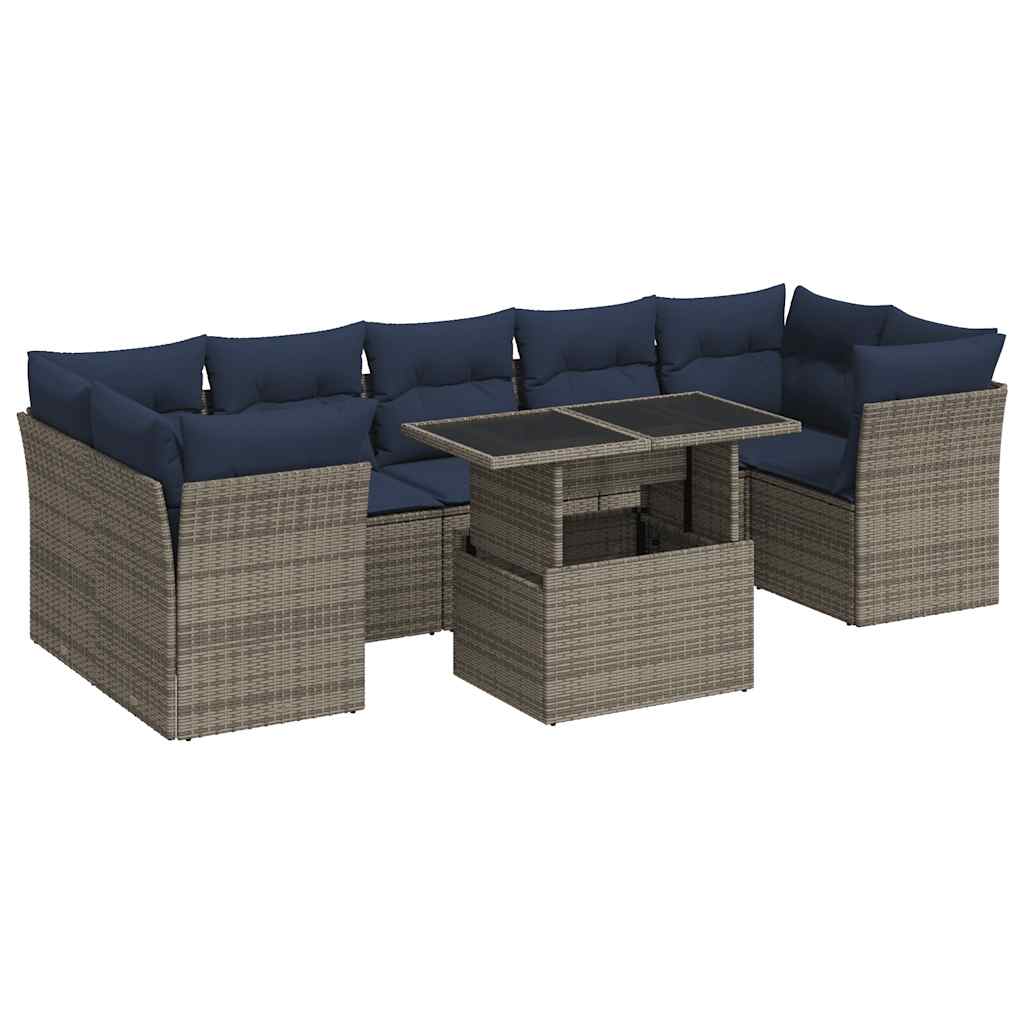 8 Piece Garden Sofa Set with Cushions Grey Poly Rattan Acacia