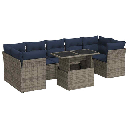 8 Piece Garden Sofa Set with Cushions Grey Poly Rattan Acacia