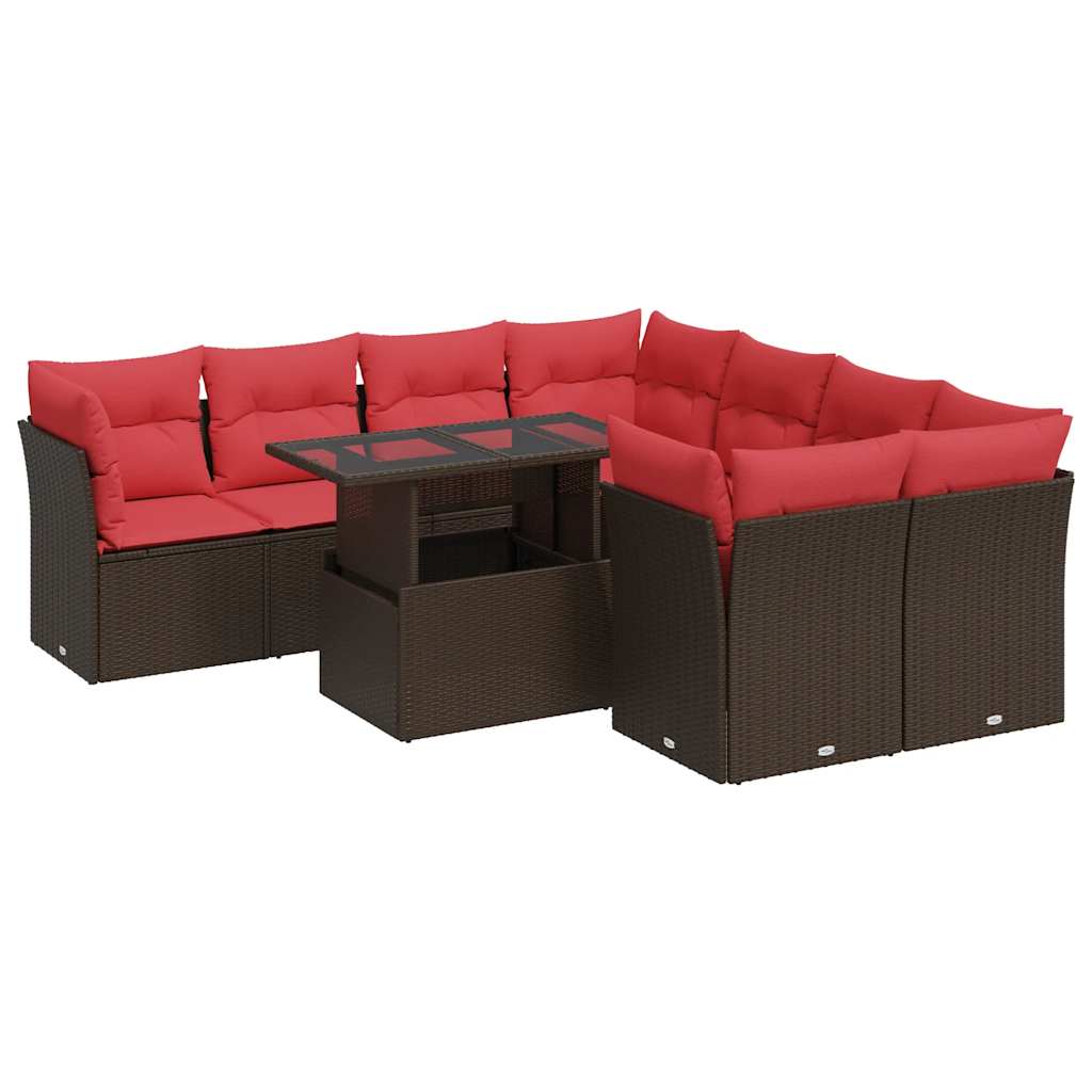 9 Piece Garden Sofa Set with Cushions Brown Poly Rattan Acacia