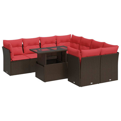 9 Piece Garden Sofa Set with Cushions Brown Poly Rattan Acacia