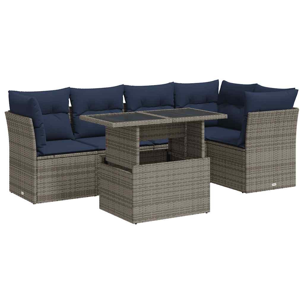 6 Piece Garden Sofa Set with Cushions Grey Poly Rattan Acacia