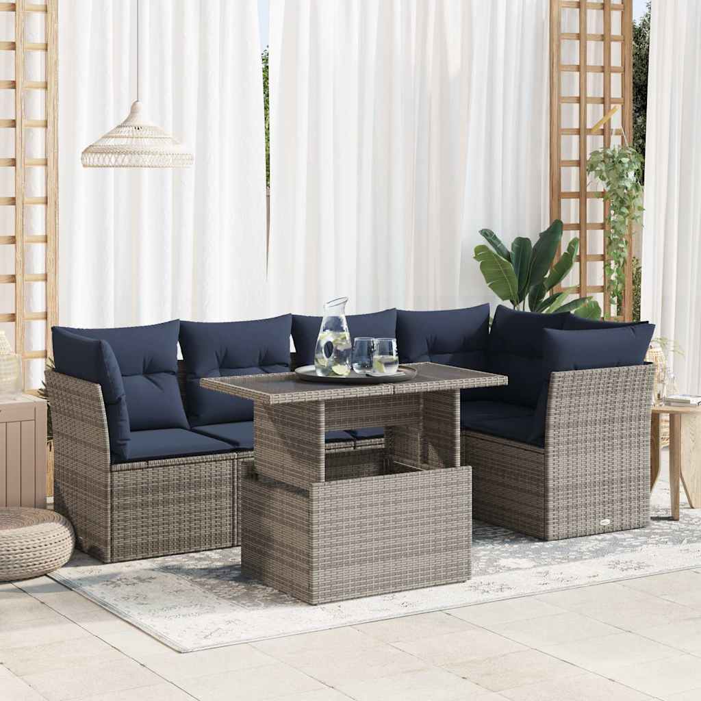 6 Piece Garden Sofa Set with Cushions Grey Poly Rattan Acacia