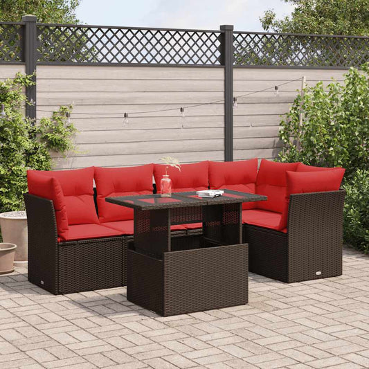 6 Piece Garden Sofa Set with Cushions Brown Poly Rattan Acacia