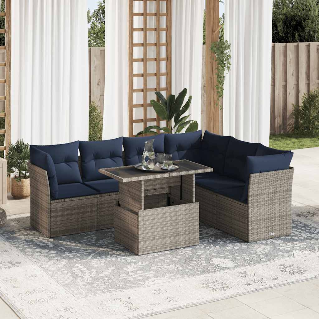 7 Piece Garden Sofa Set with Cushions Black Poly Rattan Acacia