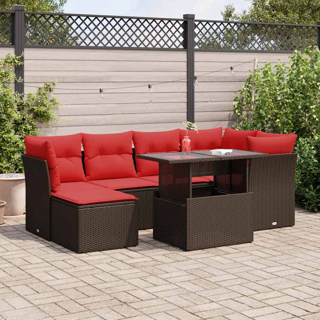 7 Piece Garden Sofa Set with Cushions Brown Poly Rattan Acacia