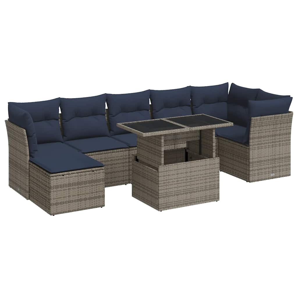 7 Piece Garden Sofa Set with Cushions Grey Poly Rattan Acacia