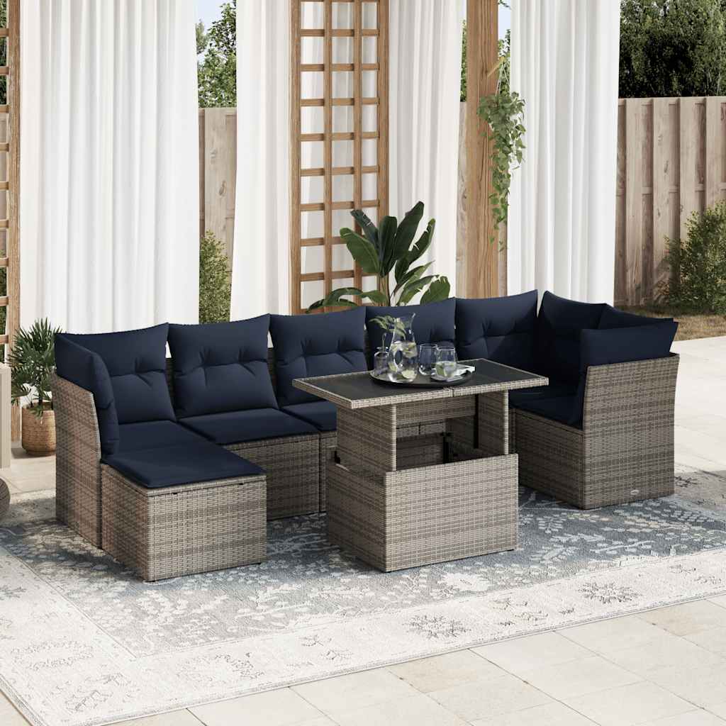 7 Piece Garden Sofa Set with Cushions Grey Poly Rattan Acacia