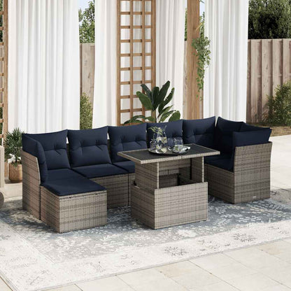 7 Piece Garden Sofa Set with Cushions Grey Poly Rattan Acacia