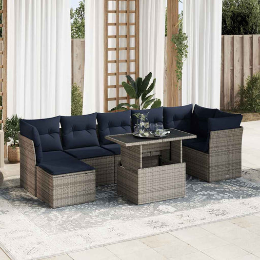7 Piece Garden Sofa Set with Cushions Grey Poly Rattan Acacia