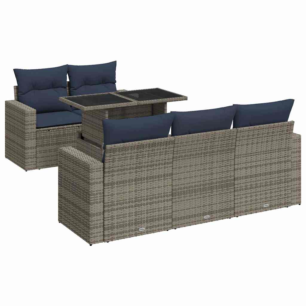 6 Piece Garden Sofa Set with Cushions Grey Poly Rattan Acacia