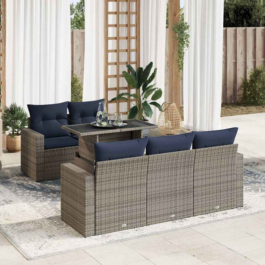 6 Piece Garden Sofa Set with Cushions Grey Poly Rattan Acacia