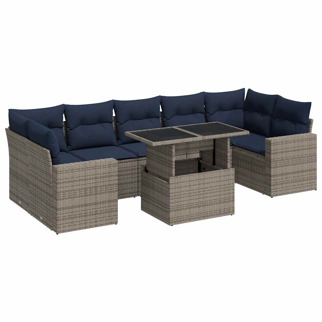 8 Piece Garden Sofa Set with Cushions Grey Poly Rattan Acacia