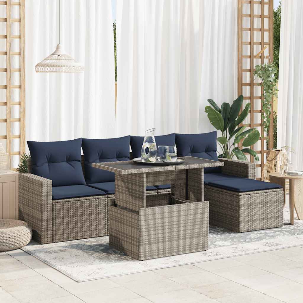 6 Piece Garden Sofa Set with Cushions Grey Poly Rattan Acacia