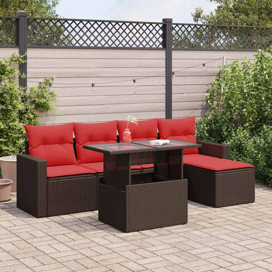 6 Piece Garden Sofa Set with Cushions Brown Poly Rattan Acacia
