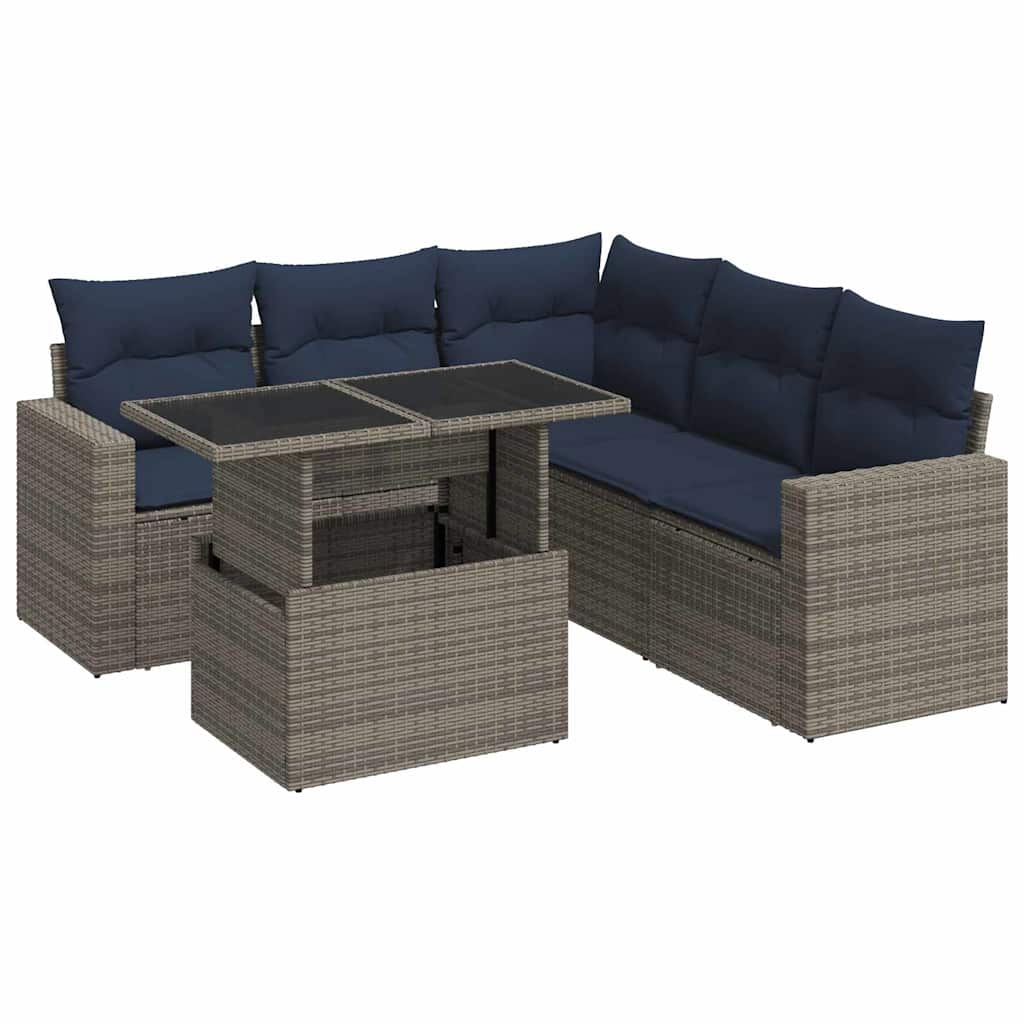 6 Piece Garden Sofa Set with Cushions Grey Poly Rattan Acacia