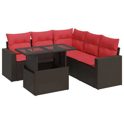 6 Piece Garden Sofa Set with Cushions Brown Poly Rattan Acacia