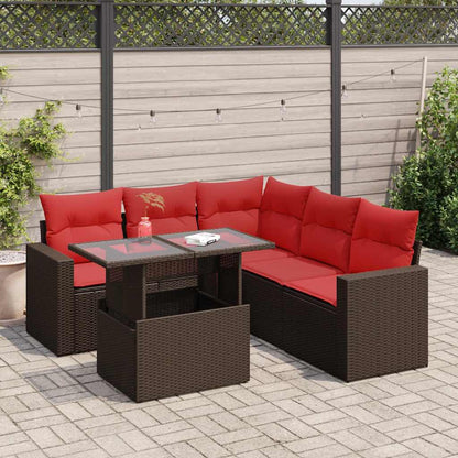 6 Piece Garden Sofa Set with Cushions Brown Poly Rattan Acacia