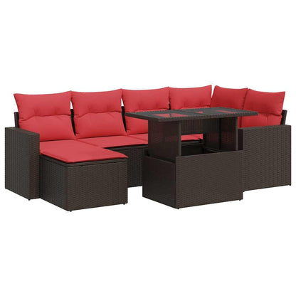 7 Piece Garden Sofa Set with Cushions Brown Poly Rattan Acacia
