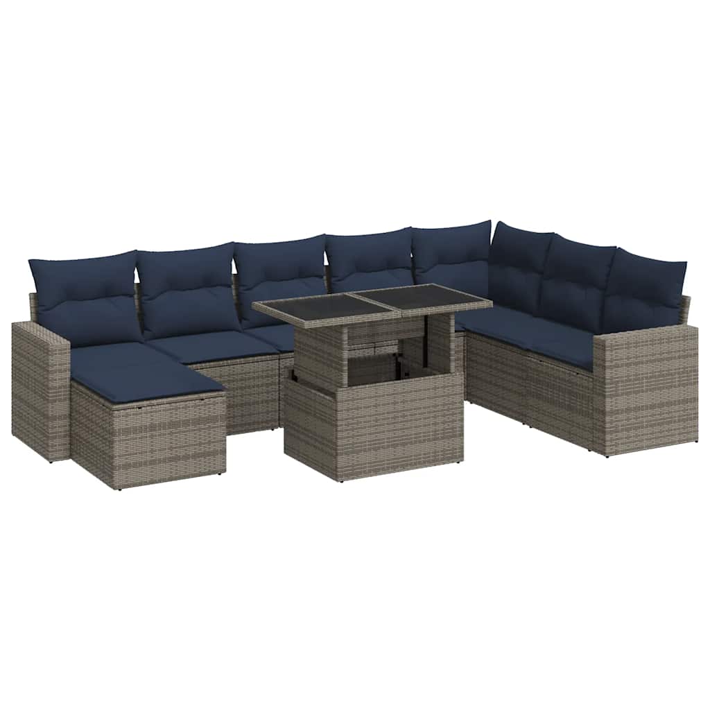 9 Piece Garden Sofa Set with Cushions Grey Poly Rattan Acacia