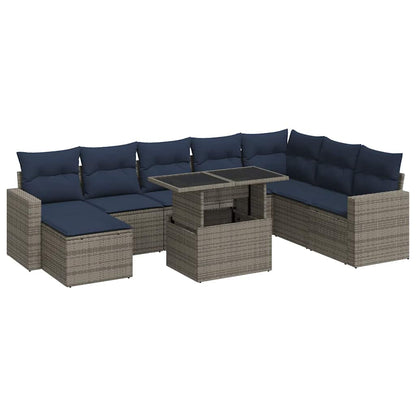 9 Piece Garden Sofa Set with Cushions Grey Poly Rattan Acacia