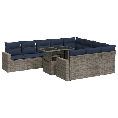 11 Piece Garden Sofa Set with Cushions Black Poly Rattan Acacia