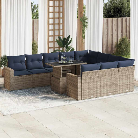 11 Piece Garden Sofa Set with Cushions Black Poly Rattan Acacia