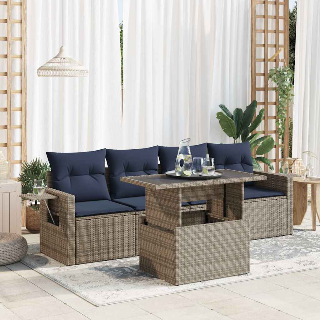 5 Piece Garden Sofa Set with Cushions Black Poly Rattan Acacia