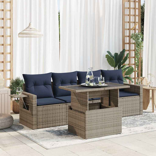 5 Piece Garden Sofa Set with Cushions Black Poly Rattan Acacia