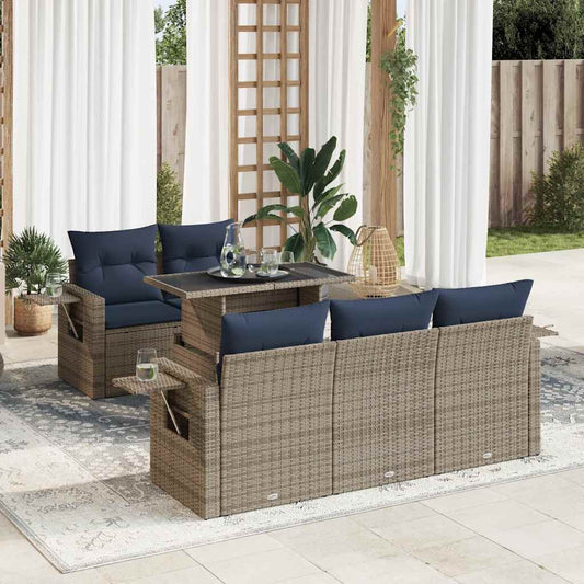 6 Piece Garden Sofa Set with Cushions Black Poly Rattan Acacia