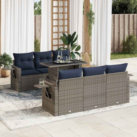 7 Piece Garden Sofa Set with Cushions Black Poly Rattan Acacia