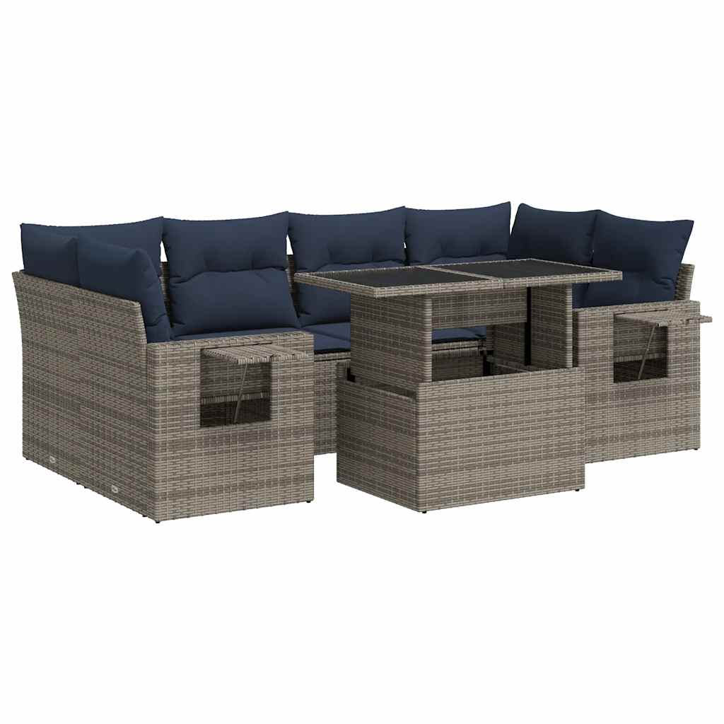7 Piece Garden Sofa Set with Cushions Black Poly Rattan Acacia