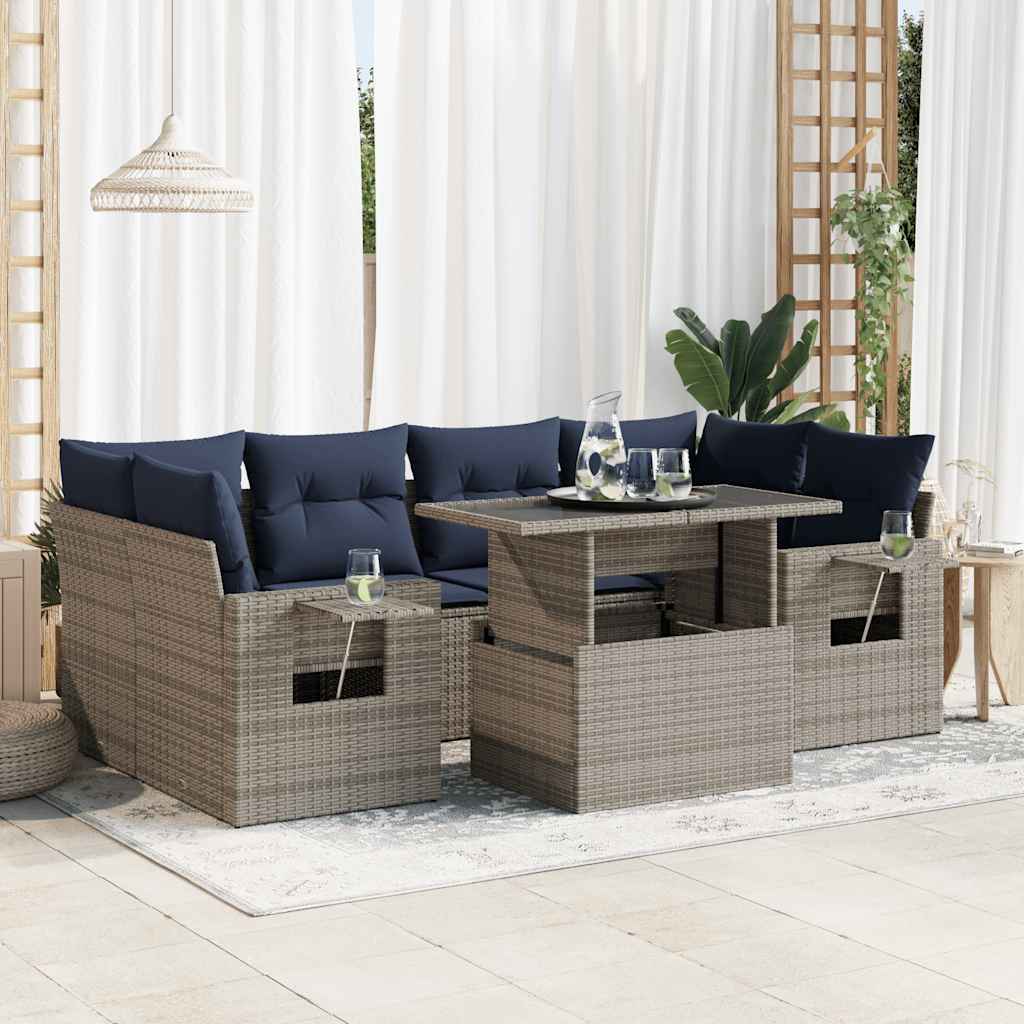 7 Piece Garden Sofa Set with Cushions Black Poly Rattan Acacia