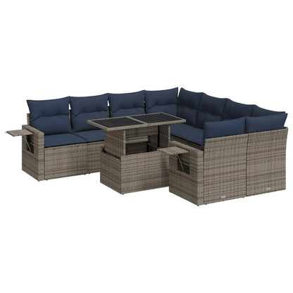 9 Piece Garden Sofa Set with Cushions Black Poly Rattan Acacia
