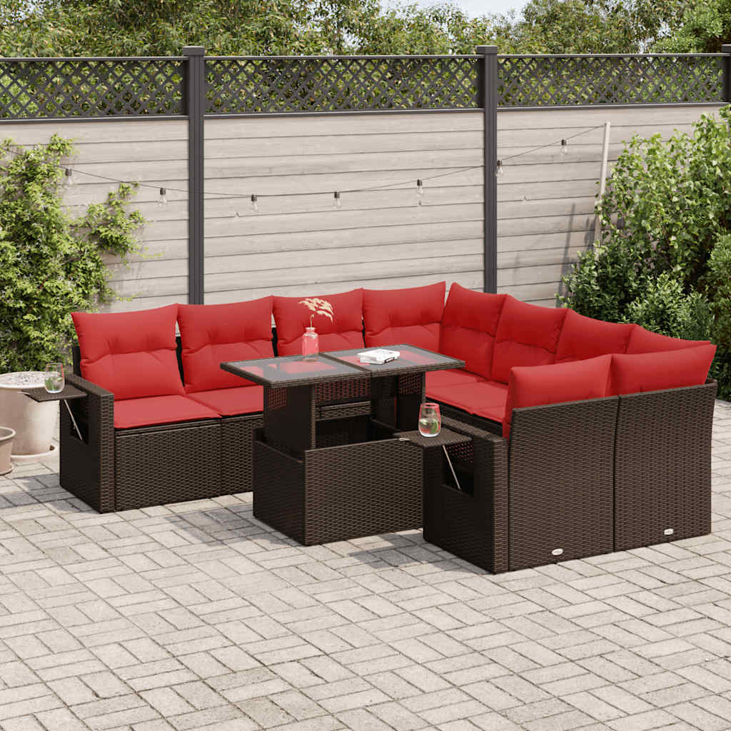 9 Piece Garden Sofa Set with Cushions Grey Poly Rattan Acacia