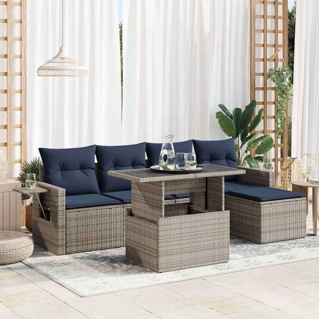 6 Piece Garden Sofa Set with Cushions Black Poly Rattan Acacia