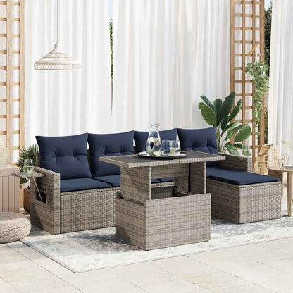 6 Piece Garden Sofa Set with Cushions Black Poly Rattan Acacia