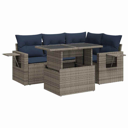 5 Piece Garden Sofa Set with Cushions Black Poly Rattan Acacia