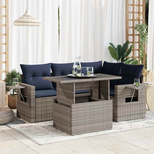 5 Piece Garden Sofa Set with Cushions Black Poly Rattan Acacia