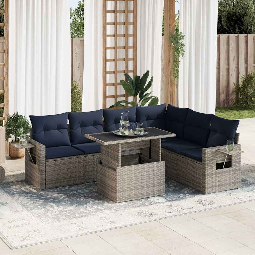 7 Piece Garden Sofa Set with Cushions Black Poly Rattan Acacia