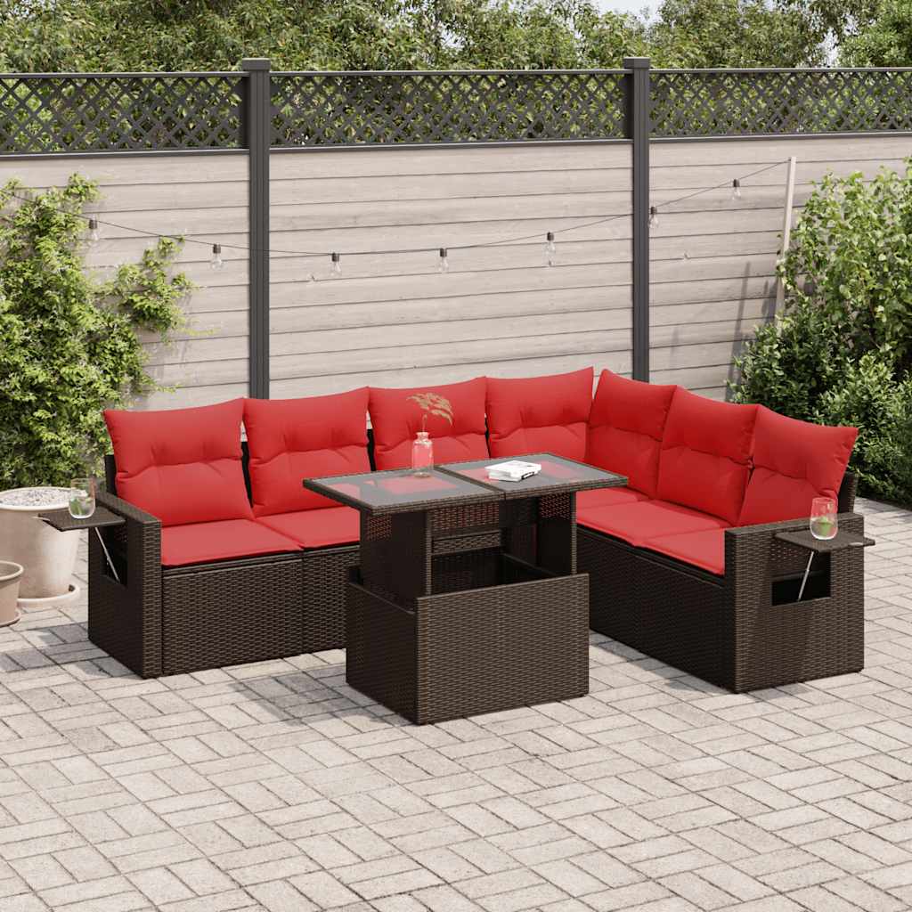 7 Piece Garden Sofa Set with Cushions Grey Poly Rattan Acacia